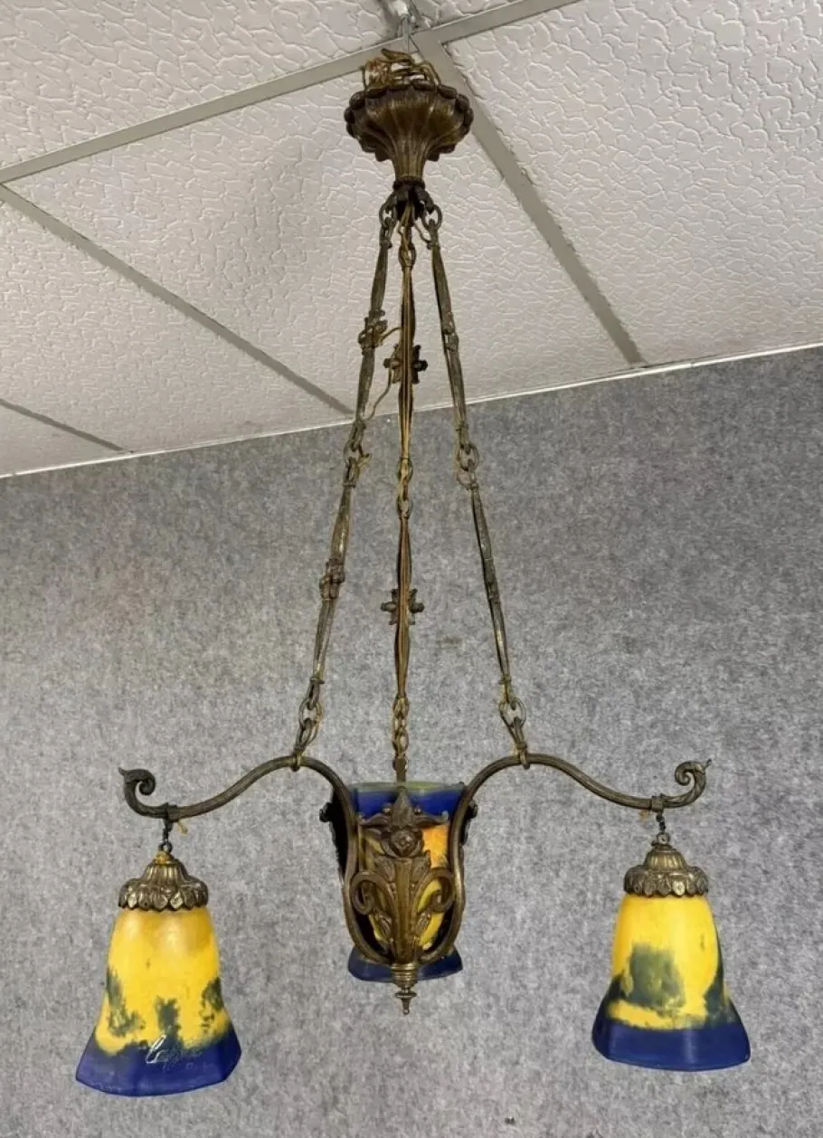 New Pamono Art Nouveau Bronze and Glass Paste Chandelier attributed to Muller for Lafite, 1900