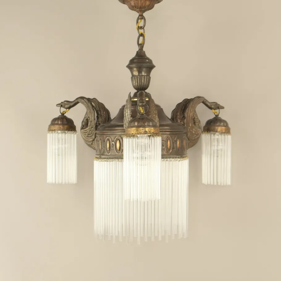 New Pamono Art Nouveau Burnished Brass Chandelier, Vienna, 1910s