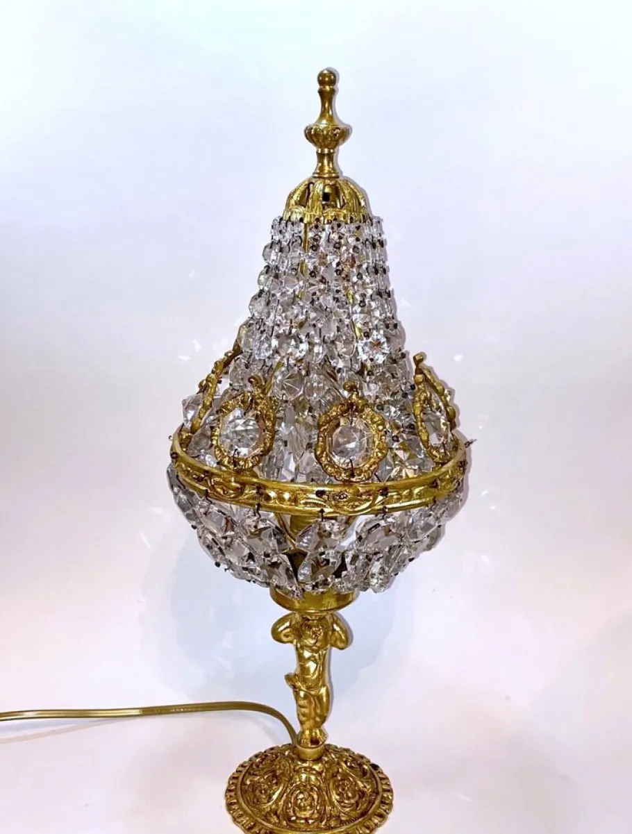 New Pamono Art Nouveau Crystal Glass and Brass Table Lamp with Putte, 1950s