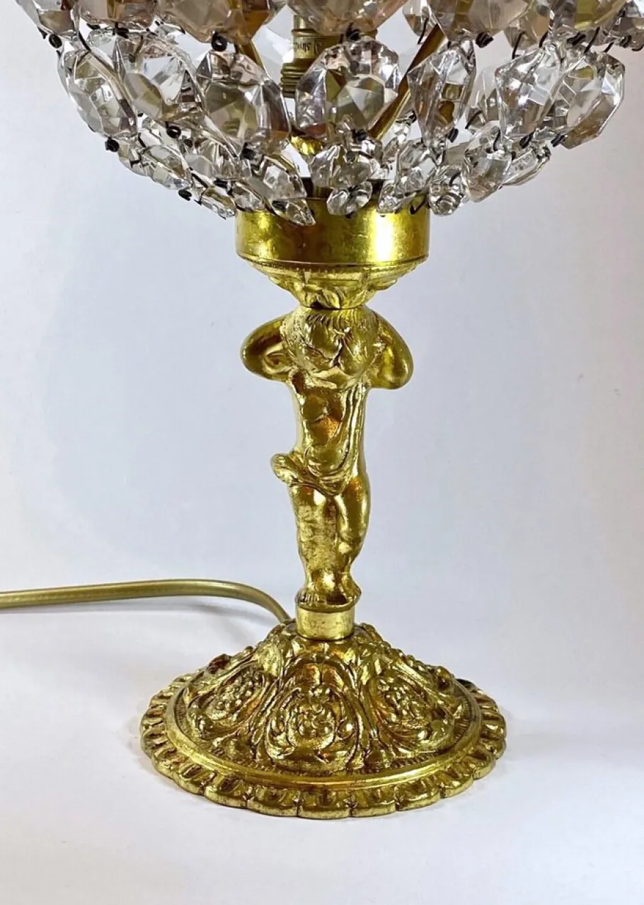 New Pamono Art Nouveau Crystal Glass and Brass Table Lamp with Putte, 1950s