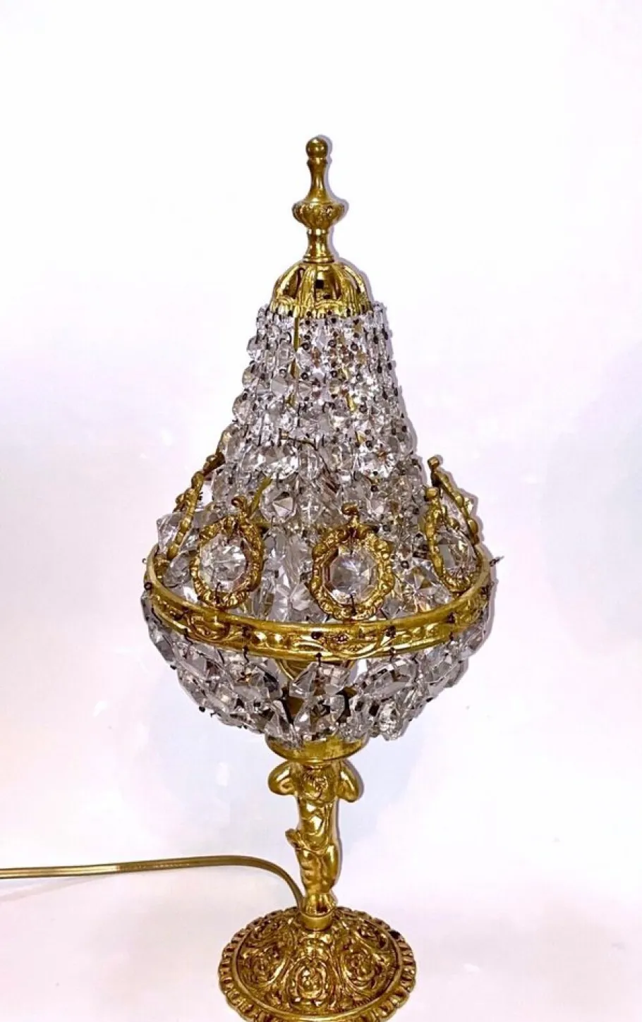 New Pamono Art Nouveau Crystal Glass and Brass Table Lamp with Putte, 1950s