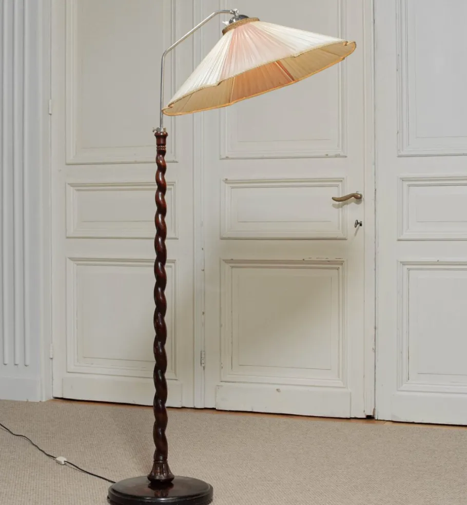 New Pamono Art Nouveau Floor Lamp with Twisted Wood Stand, 1940s