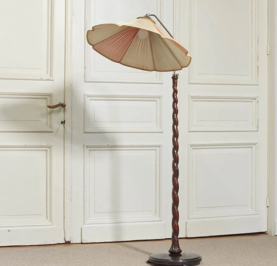 New Pamono Art Nouveau Floor Lamp with Twisted Wood Stand, 1940s
