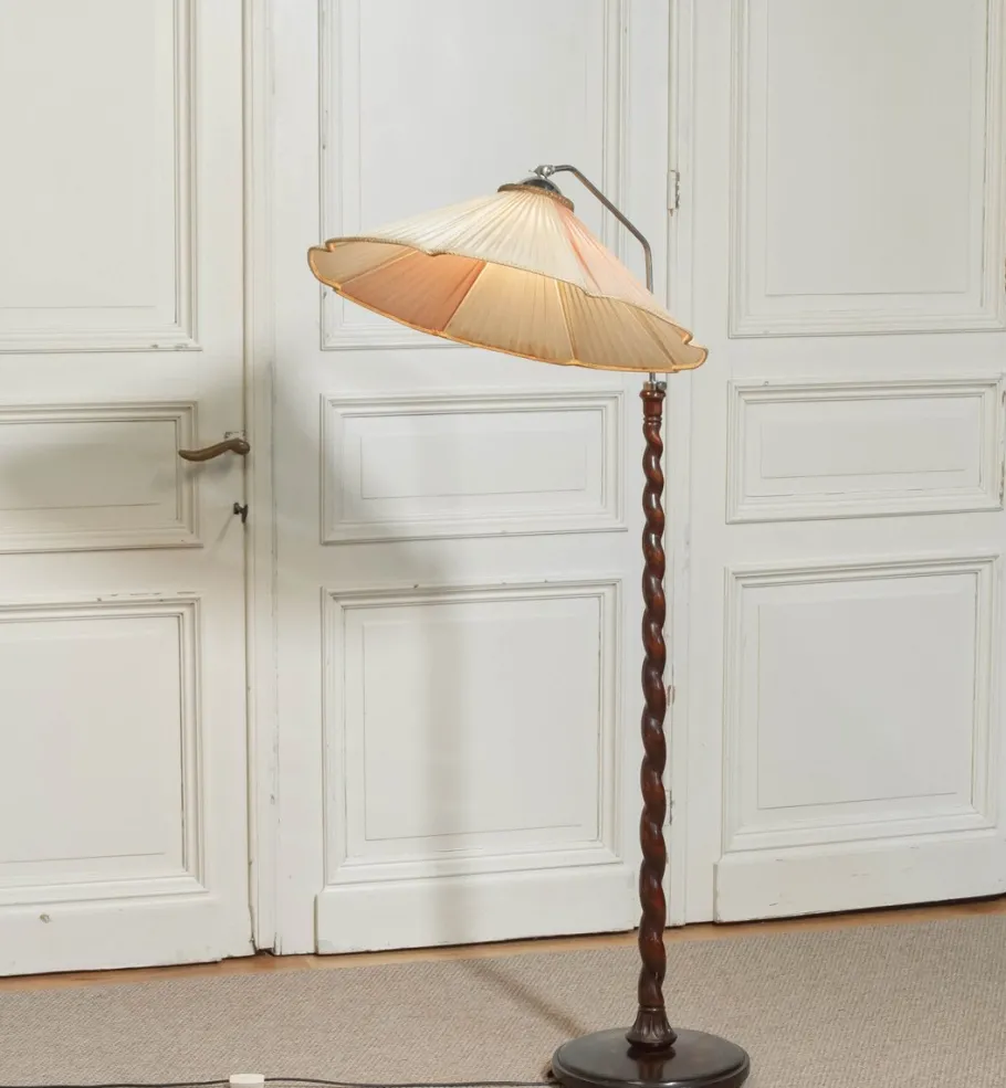New Pamono Art Nouveau Floor Lamp with Twisted Wood Stand, 1940s