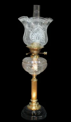 Sale Pamono Art Nouveau Oil Lamp with Hand Blown, Etched Glass Shade and Duplex Burner, 1890s