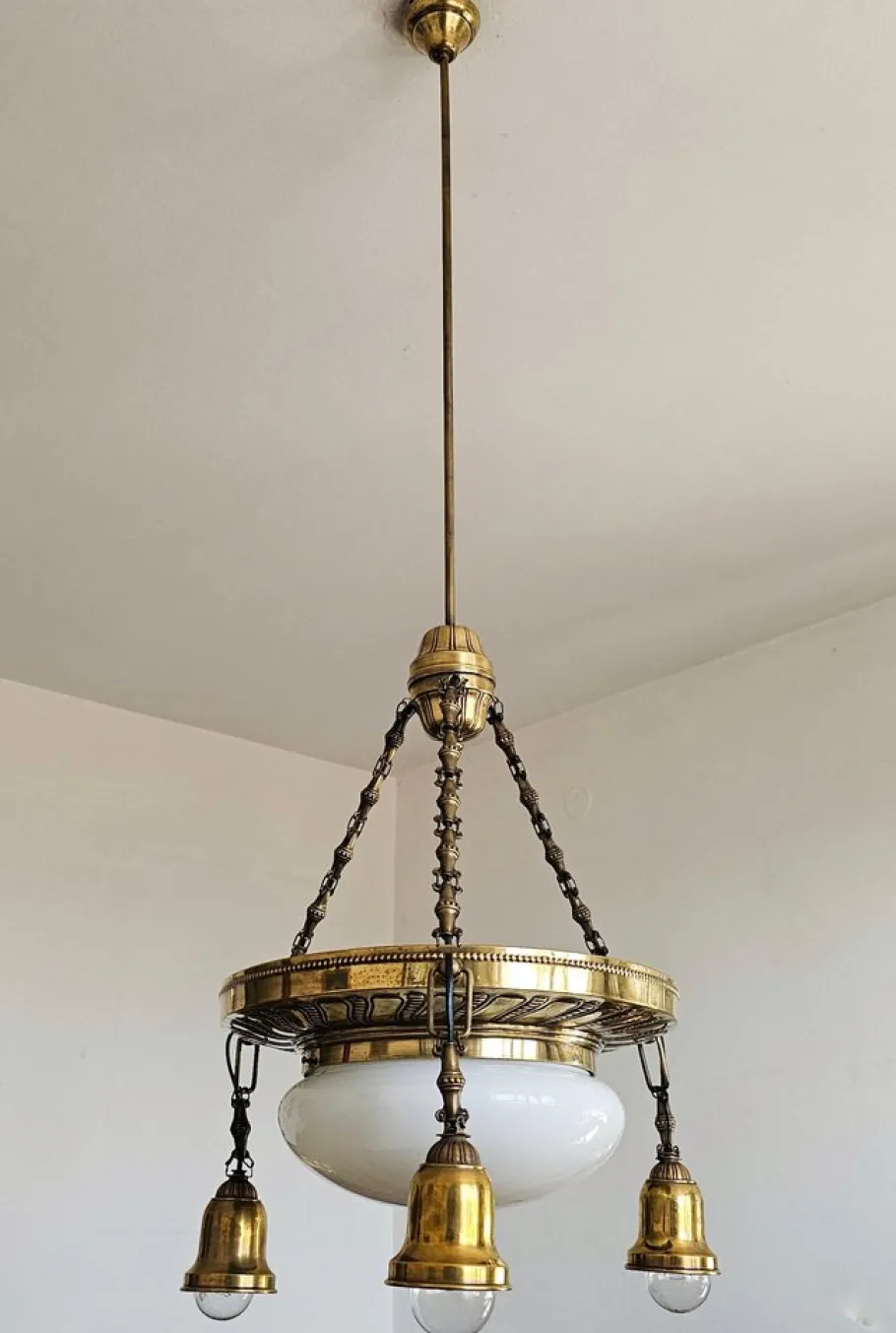Best Pamono Art Nouveau Polished Brass Chandelier with Opaline Glass Dome, Austria, 1910s
