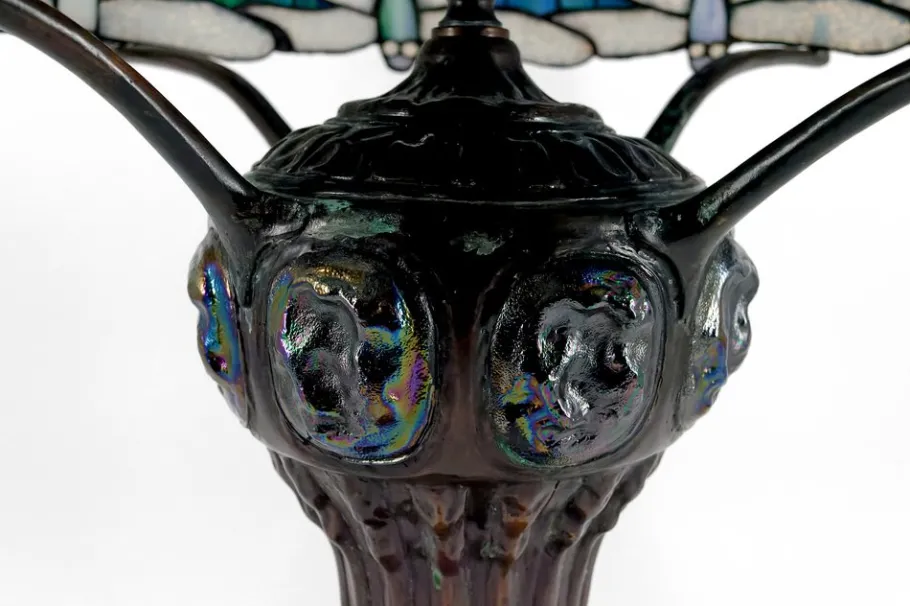 Discount Pamono Art Nouveau Salon Lamp in Patinated Bronze and Stained Glass in the style of Tiffany Studios, 1980s