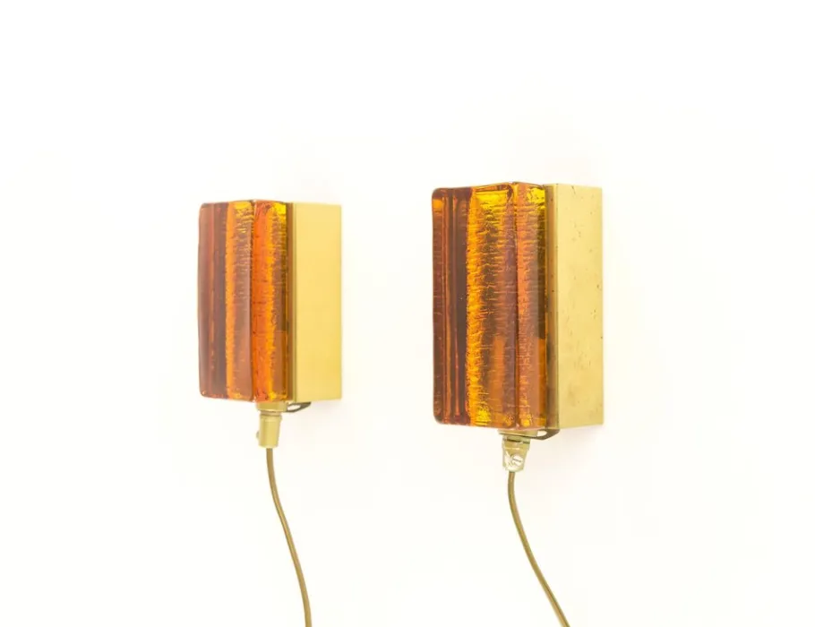 New Pamono Atlantic Wall Lamps in Amber by Vitrika, 1970s, Set of 2