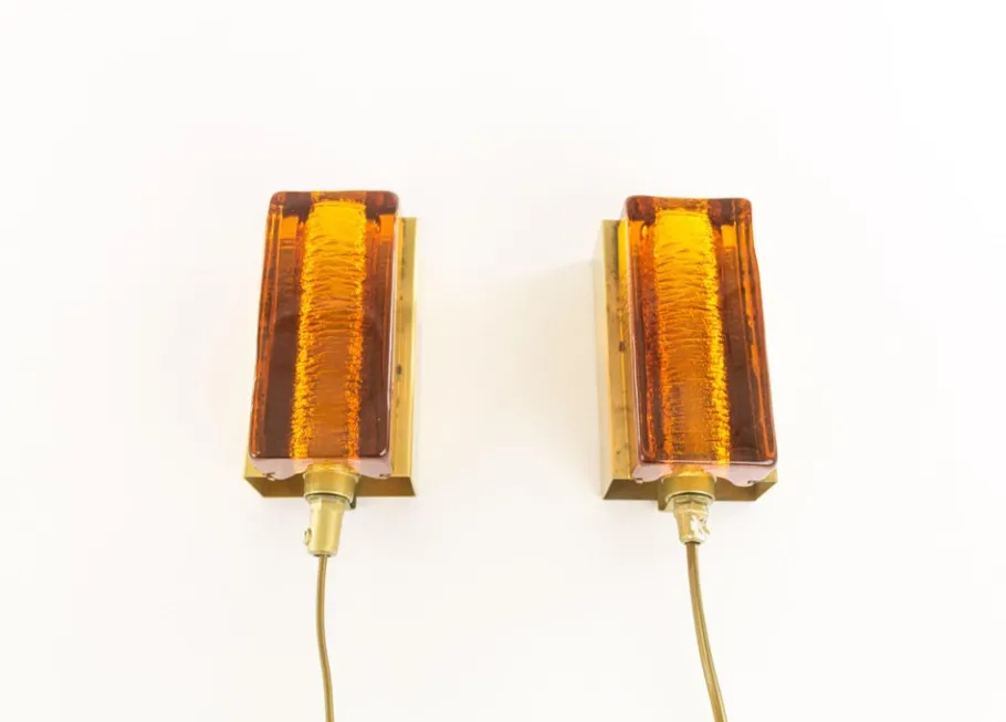 New Pamono Atlantic Wall Lamps in Amber by Vitrika, 1970s, Set of 2