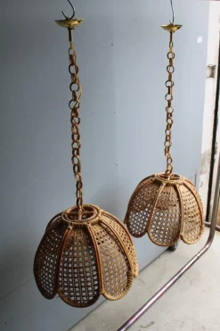 Best Pamono Bamboo, Straw and Brass Pendants, Italy, 1970s, Set of 2