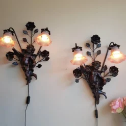 Sale Pamono Baroque Wall Sconces with Cherub Angels and Pink Lamp Shades, Set of 2