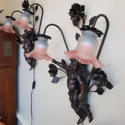 Sale Pamono Baroque Wall Sconces with Cherub Angels and Pink Lamp Shades, Set of 2