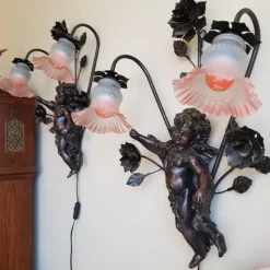 Sale Pamono Baroque Wall Sconces with Cherub Angels and Pink Lamp Shades, Set of 2