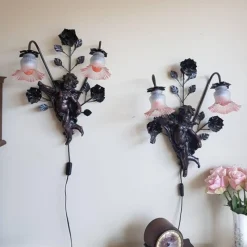 Sale Pamono Baroque Wall Sconces with Cherub Angels and Pink Lamp Shades, Set of 2