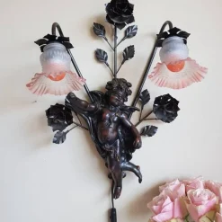 Sale Pamono Baroque Wall Sconces with Cherub Angels and Pink Lamp Shades, Set of 2
