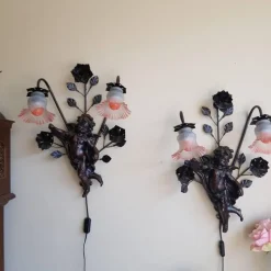 Sale Pamono Baroque Wall Sconces with Cherub Angels and Pink Lamp Shades, Set of 2