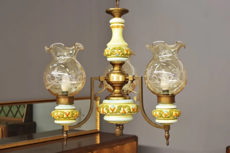 New Pamono Bassano Ceramic Suspension Chandelier, 1950s