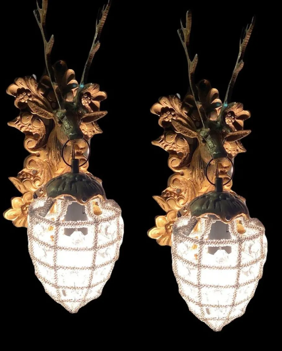 Hot Pamono Beaded Crystal Stag Head Sconces, 1980s, Set of 4