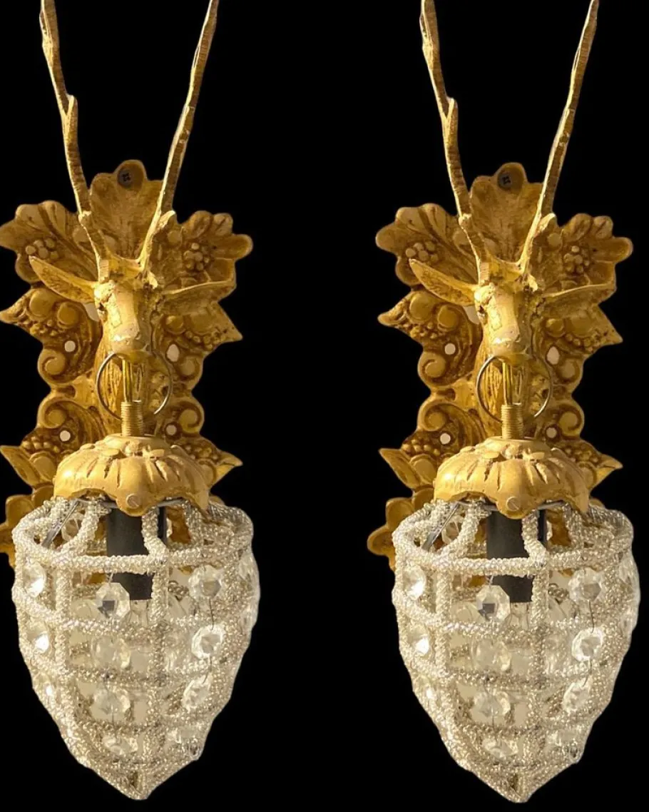 Hot Pamono Beaded Crystal Stag Head Sconces, 1980s, Set of 4