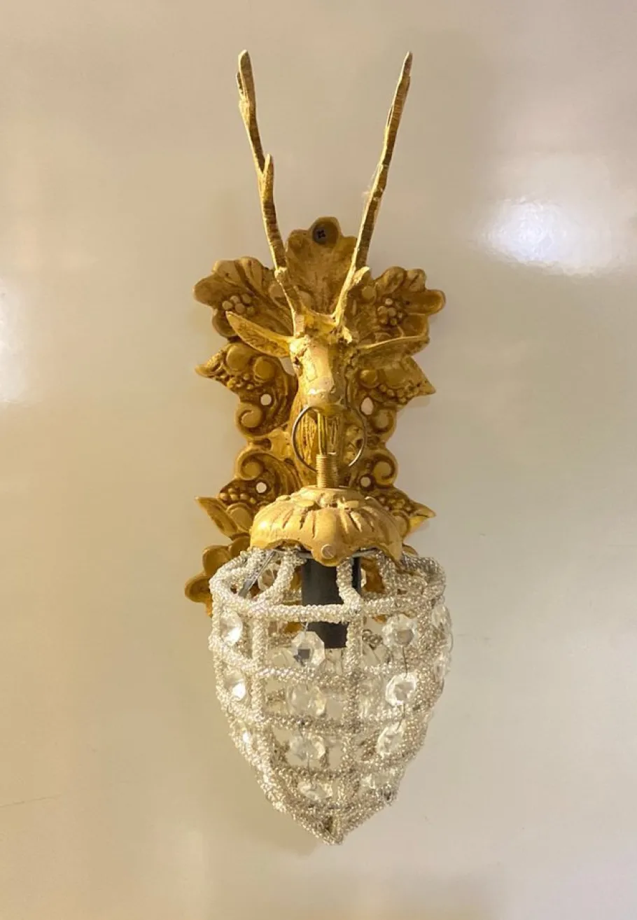 Hot Pamono Beaded Crystal Stag Head Sconces, 1980s, Set of 4