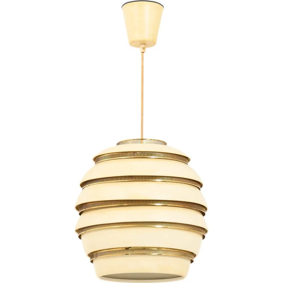 New Pamono Beehive Lamp in Brass and White Lacquered Metal by Alvar Aalto, 1953
