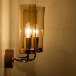 Clearance Pamono Brass and Amber Glass Wall Lights attributed to Jakobsson, 1960s, Set of 2