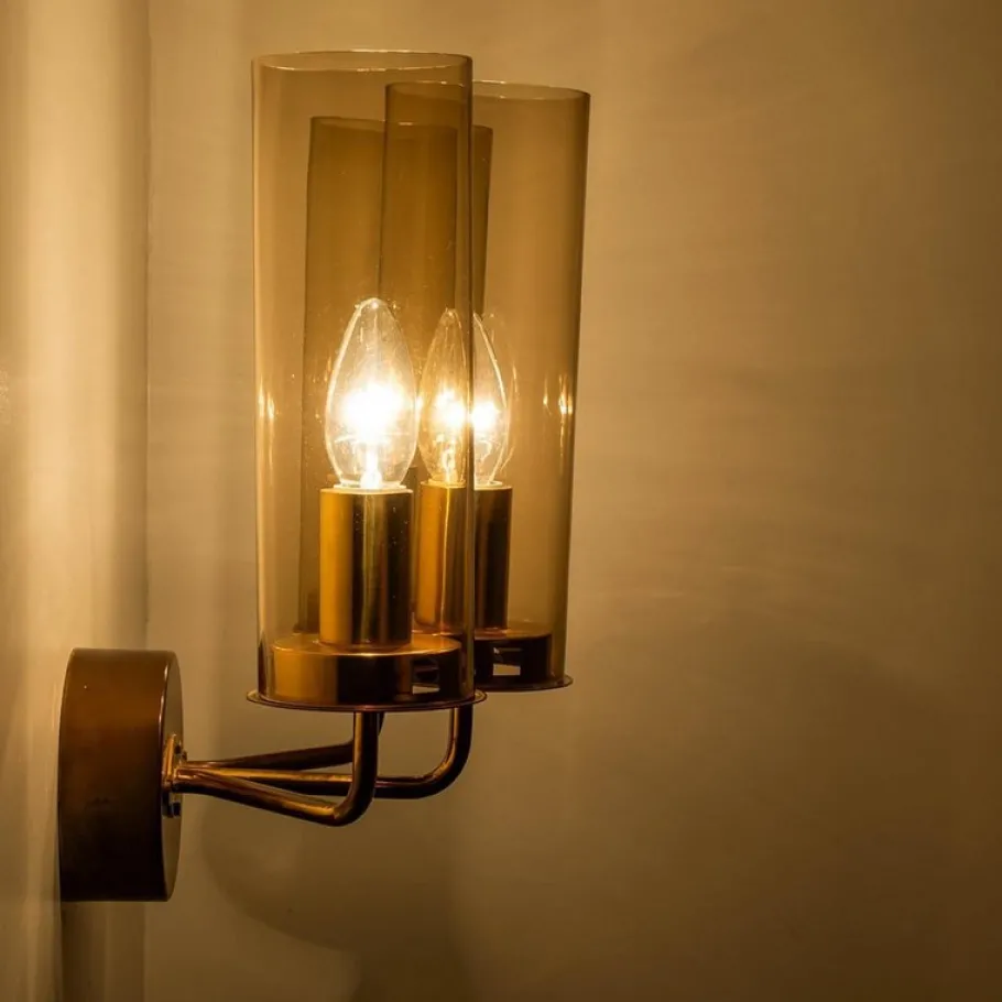 Clearance Pamono Brass and Amber Glass Wall Lights attributed to Jakobsson, 1960s, Set of 2