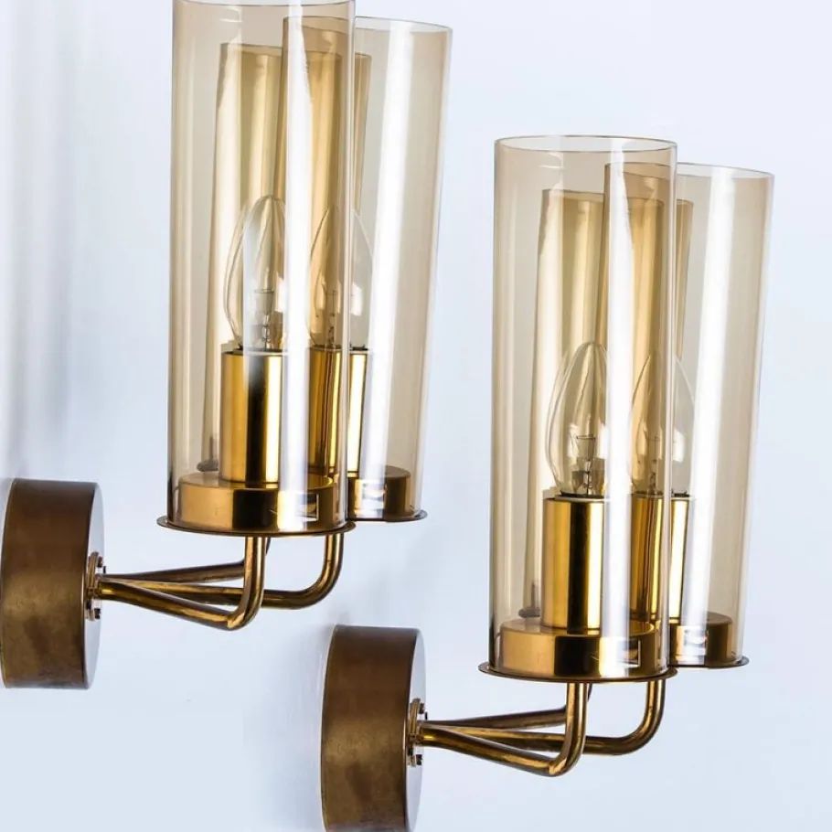 Clearance Pamono Brass and Amber Glass Wall Lights attributed to Jakobsson, 1960s, Set of 2