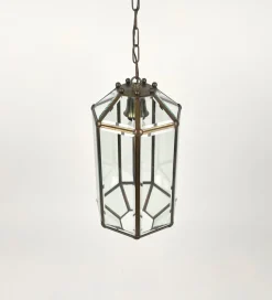 Discount Pamono Brass and Beveled Glass Pendant Lantern in the Style of Adolf Loos, Italy, 1950s