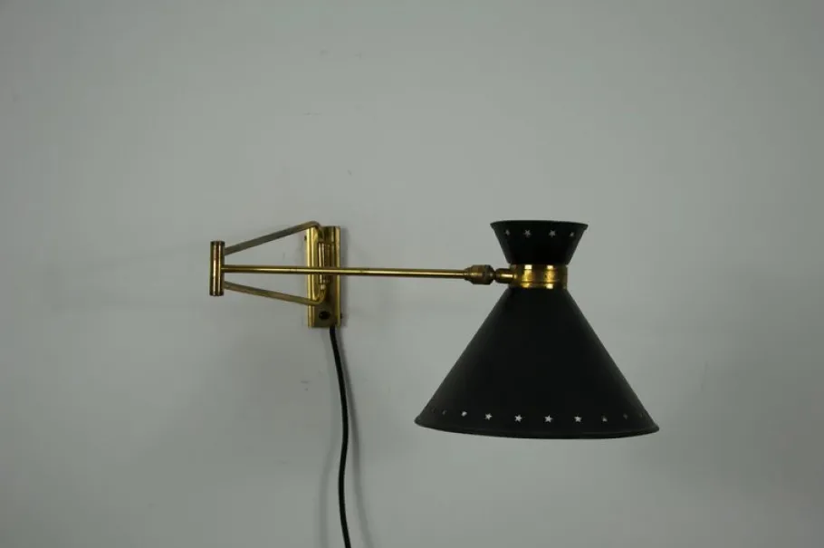Clearance Pamono Brass and Black Wall Lamp by Rene Mathieu for Maison Lunel, 1960s