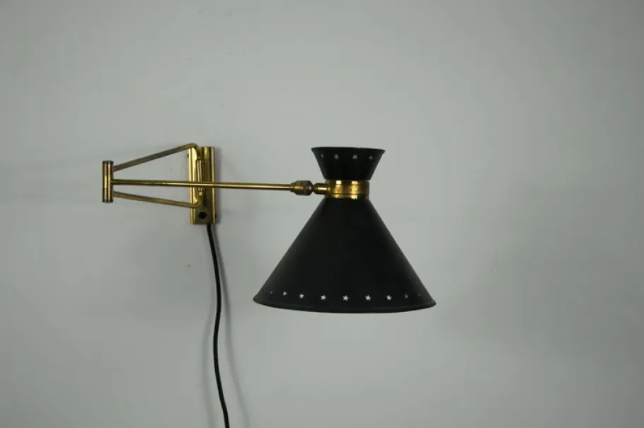 Clearance Pamono Brass and Black Wall Lamp by Rene Mathieu for Maison Lunel, 1960s