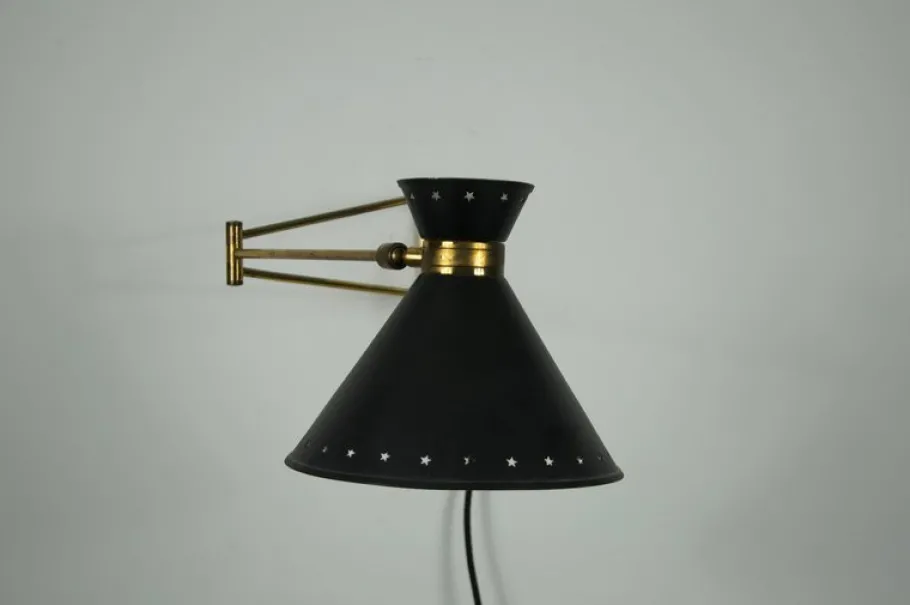 Clearance Pamono Brass and Black Wall Lamp by Rene Mathieu for Maison Lunel, 1960s