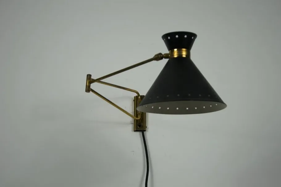 Clearance Pamono Brass and Black Wall Lamp by Rene Mathieu for Maison Lunel, 1960s