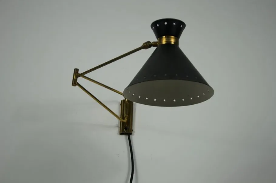 Clearance Pamono Brass and Black Wall Lamp by Rene Mathieu for Maison Lunel, 1960s