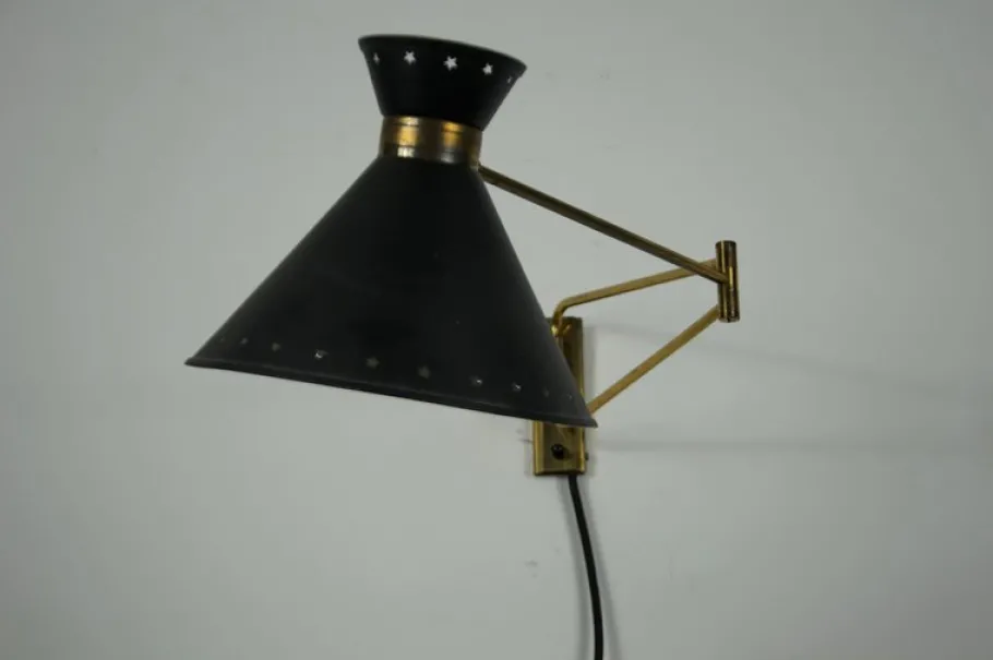 Clearance Pamono Brass and Black Wall Lamp by Rene Mathieu for Maison Lunel, 1960s