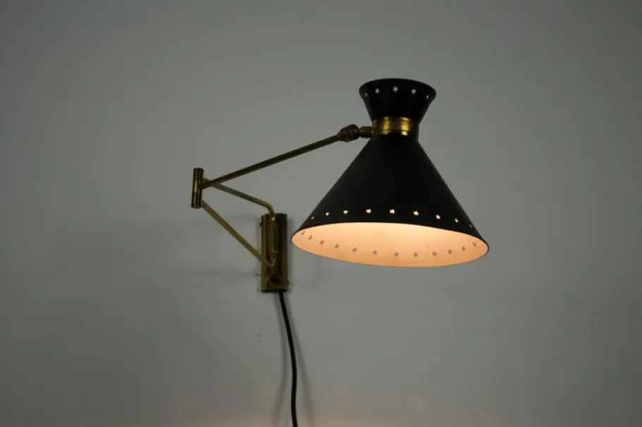 Clearance Pamono Brass and Black Wall Lamp by Rene Mathieu for Maison Lunel, 1960s