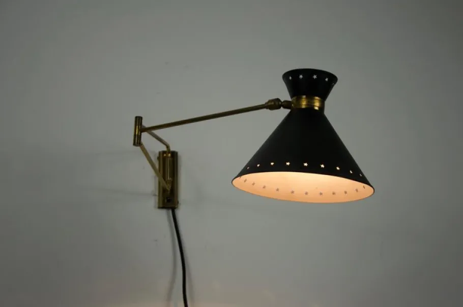Clearance Pamono Brass and Black Wall Lamp by Rene Mathieu for Maison Lunel, 1960s