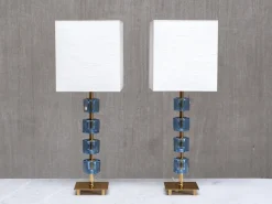 Outlet Pamono Brass and Blue Glass Table Lamps from Malmö Metallvarufabrik, Sweden, 1950s, Set of 2