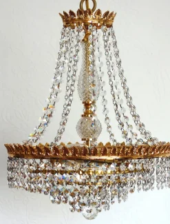 Discount Pamono Brass and Lead Crystal 3-Flame Chandelier from Palwa, 1950s