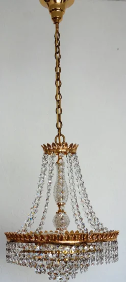 Discount Pamono Brass and Lead Crystal 3-Flame Chandelier from Palwa, 1950s