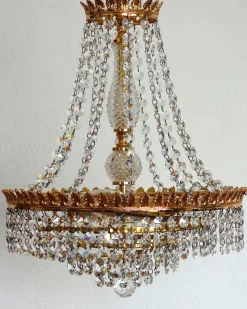 Discount Pamono Brass and Lead Crystal 3-Flame Chandelier from Palwa, 1950s