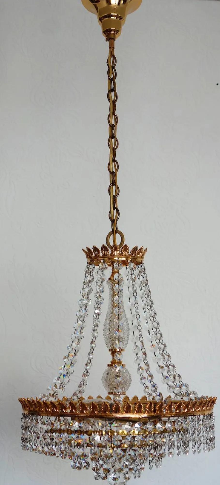 Discount Pamono Brass and Lead Crystal 3-Flame Chandelier from Palwa, 1950s
