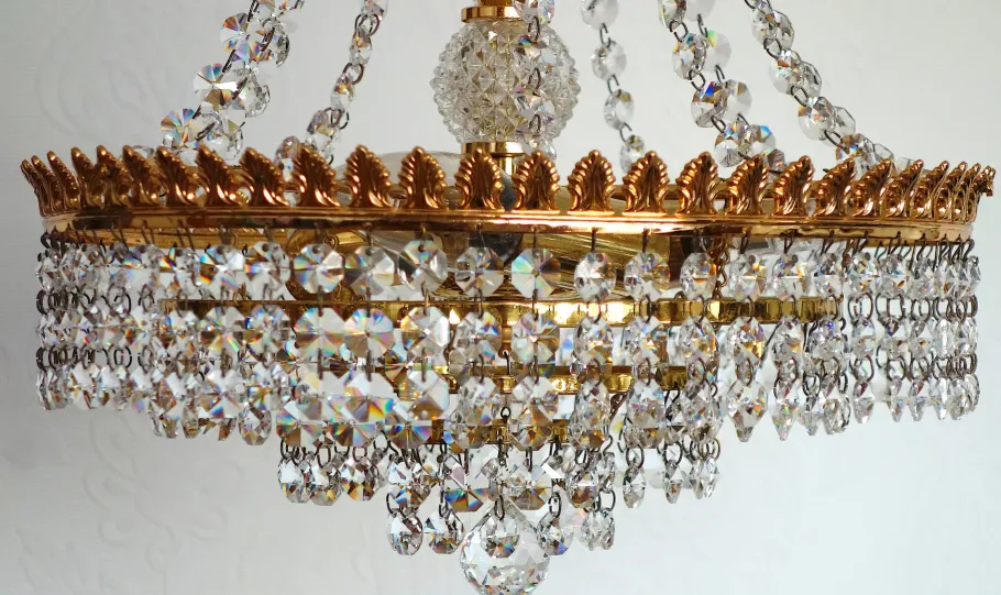 Discount Pamono Brass and Lead Crystal 3-Flame Chandelier from Palwa, 1950s