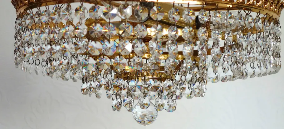 Discount Pamono Brass and Lead Crystal 3-Flame Chandelier from Palwa, 1950s
