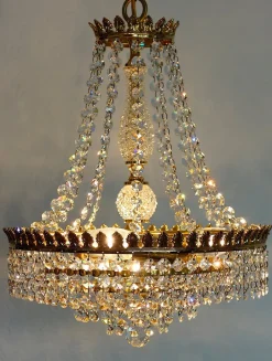 Discount Pamono Brass and Lead Crystal 3-Flame Chandelier from Palwa, 1950s
