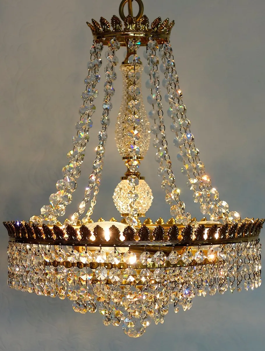 Discount Pamono Brass and Lead Crystal 3-Flame Chandelier from Palwa, 1950s