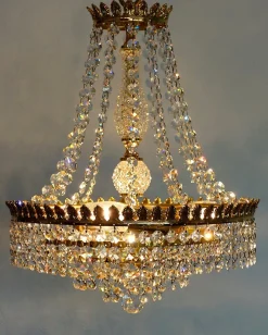 Discount Pamono Brass and Lead Crystal 3-Flame Chandelier from Palwa, 1950s