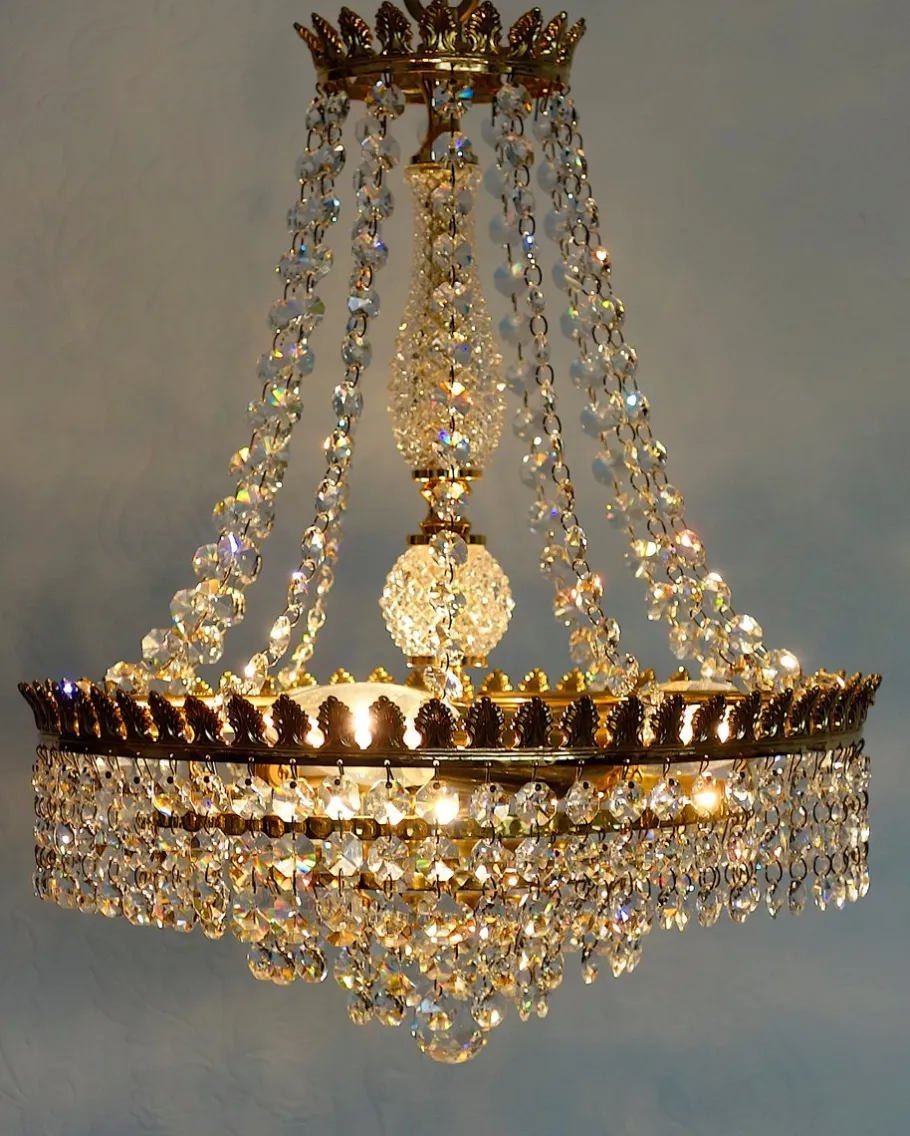 Discount Pamono Brass and Lead Crystal 3-Flame Chandelier from Palwa, 1950s