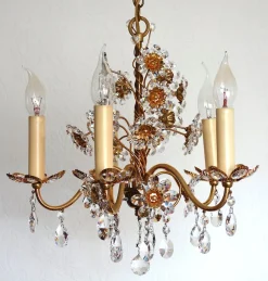 Hot Pamono Brass and Lead Crystal 5-Flame Chandelier from Palwa, 1960s