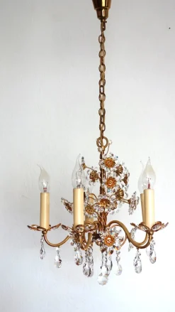 Hot Pamono Brass and Lead Crystal 5-Flame Chandelier from Palwa, 1960s